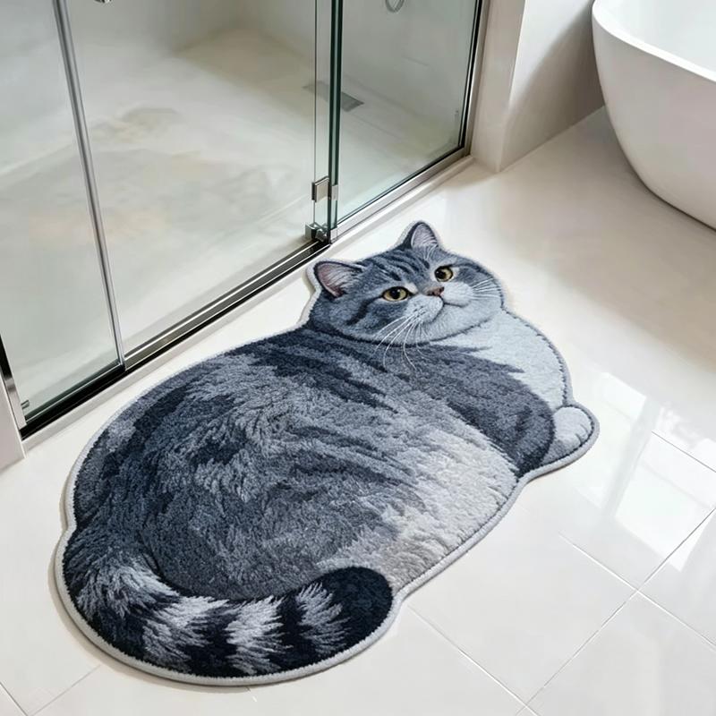 3D Grey Cat Bath Mat Cute Lazy Pet Non Slip Absorbent Rug for Bathroom Bedroom Decor