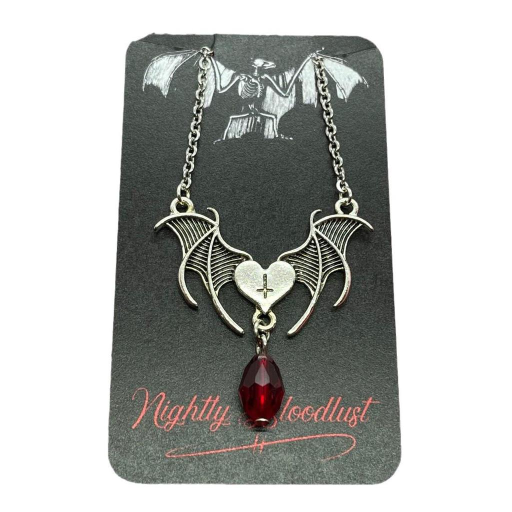 Gothic Bat Wings Necklace with Heart, Cross, and Red Glass Accents