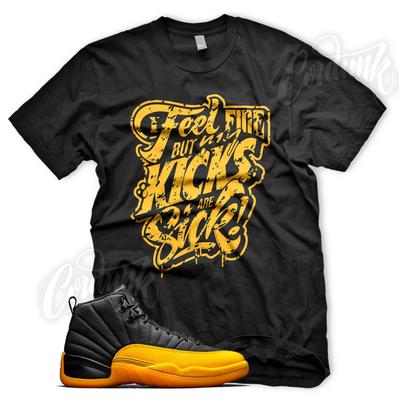Black SICK KICKS Sneaker T Shirt for J1 Retro 12 University Gold Yellow