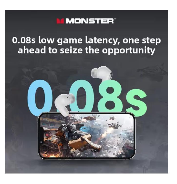 2025  New Monster MQT52 TWS Wireless Bluetooth 5.4 Headset HIFI Stereo Music Gaming Earphones Talking Noise Canceling Earbuds