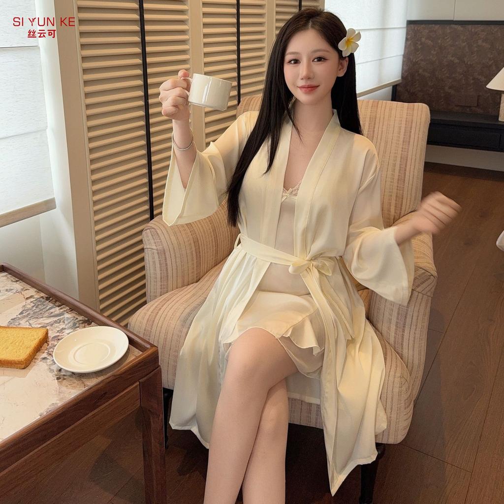 1011 Summer New Ice Silk Pajamas Female Sexy Pure Desire Wind Halter Suspender Nightgown Two-piece Set with Chest Pad
