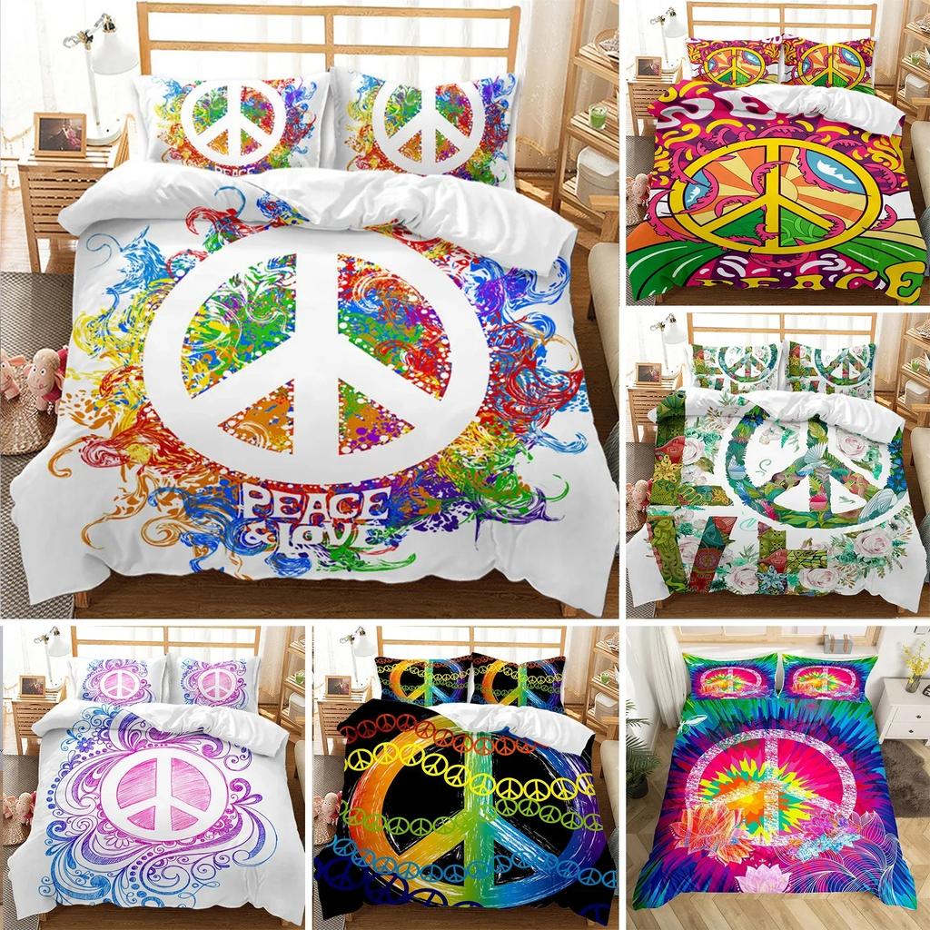 3D Hippie Peace Symbol Colorful Pattern Chic Exotic Flower Comfortable Duvet Cover Pillowcase Bedding Set Children Home Textile