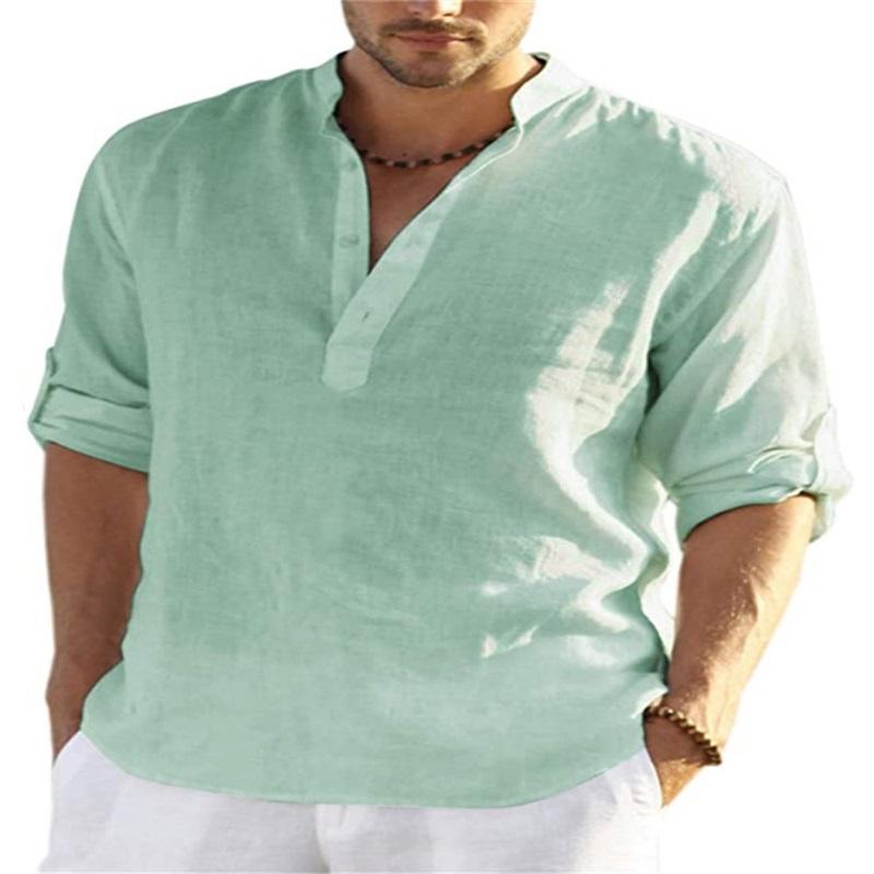 Men's Casual Cotton And Linen Solid Color Long-sleeved Shirt Loose Stand-up Collar Shirt Men