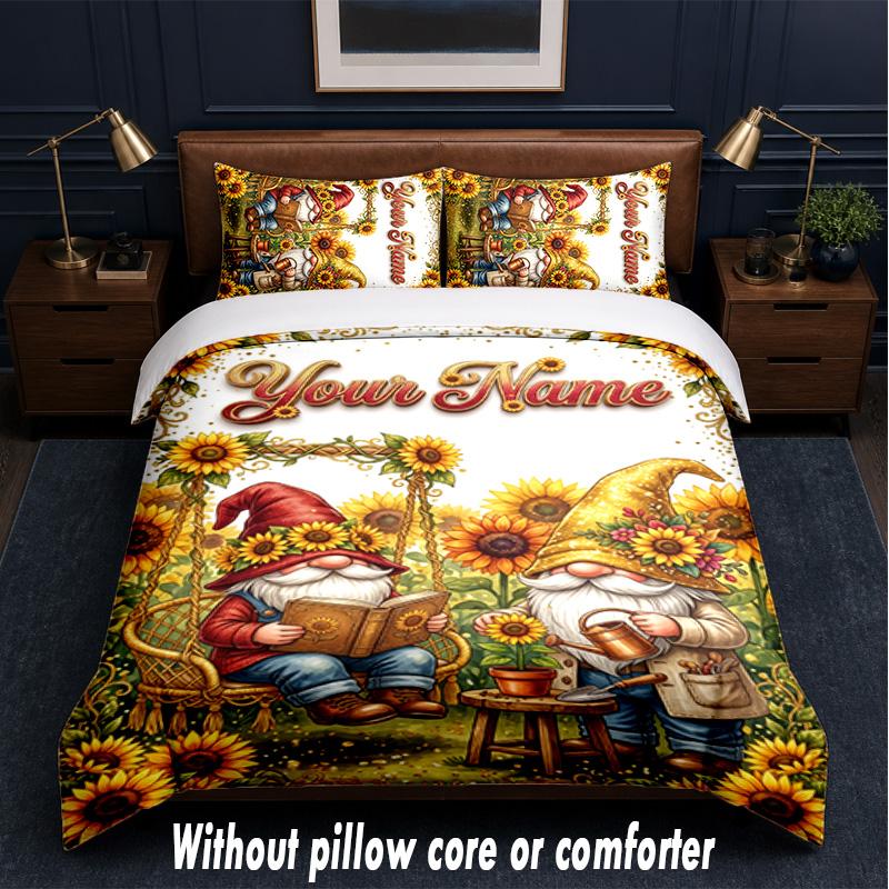 Gnome Theme Custom Text Or Name 3Pcs Bedding Set,1 Flat Sheet & 2 Pillowcases Personalized Home Bedding