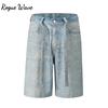 RogueWave Streetwear Baggy Jeansshorts mit Voll-Strassdruck für Herren Zerrissenes Loch Gewaschene Kurze Lässige Lockere Denim Five-Pocket-Hose