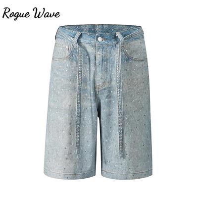 RogueWave Streetwear Full Rhinestone Print Baggy Jeans Shorts for Men Ripped Hole Washed Short Casual Loose Denim Five Point Pants