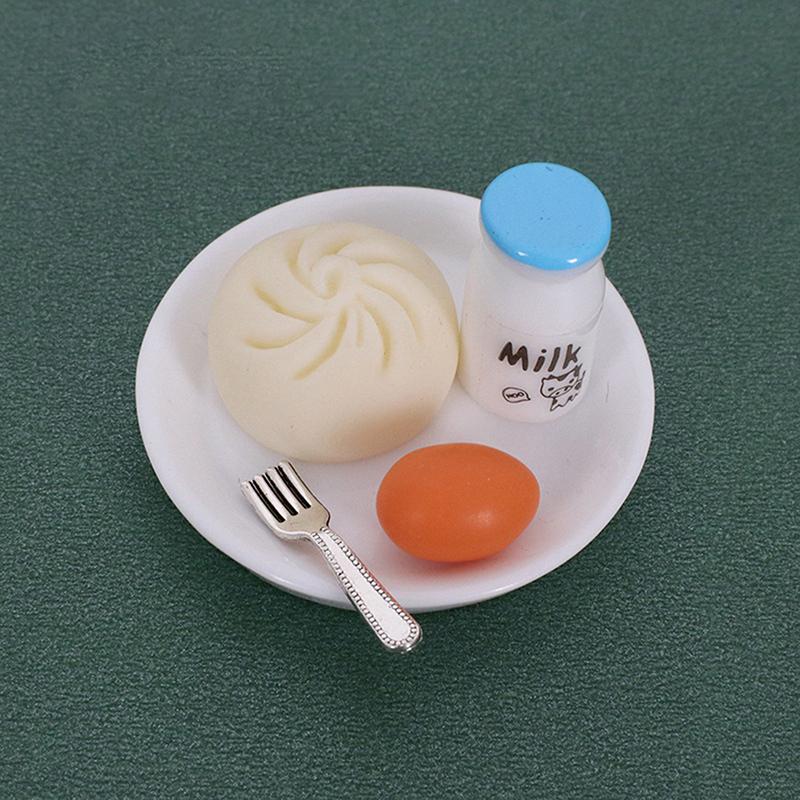 1/12 Dollhouse Simulation Breakfast Mini Steamed Buns Egg Bread Milk Model Dollhouse Kitchen Scene Decoration Pretend Play Toys