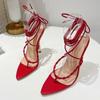 Womens Fashion Strappy Heels Gladiator Sandals Sexy Pointed Toe Narrow Band Stiletto Lace -Up Party Wedding Shoes Red