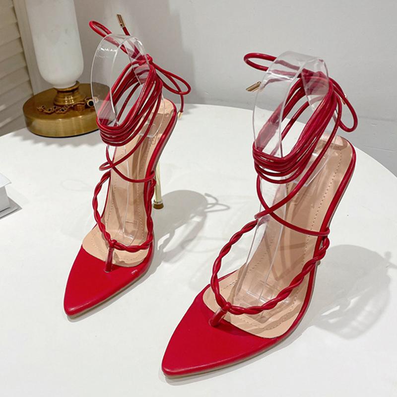 Womens Fashion Strappy Heels Gladiator Sandals Sexy Pointed Toe Narrow Band Stiletto Lace -Up Party Wedding Shoes Red