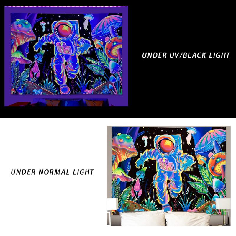 1pc Astronaut Fluorescent Tapestry, UV Responsive Forest Mushroom Tapestry, Galactic Space Tapestry