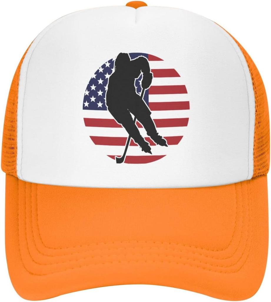 Hockey Player American Flag Graphic Trucker Hat Breathable Mesh Baseball Cap Adjustable Snapback for Adults