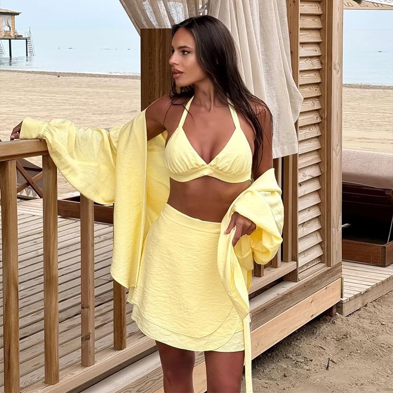 Ladies' Lantern Sleeve Loose Shirt Half Skirt Set Yellow Casual Set Spring Summer New Outfit Ladies' Plus Size Set Daily Commuting Style