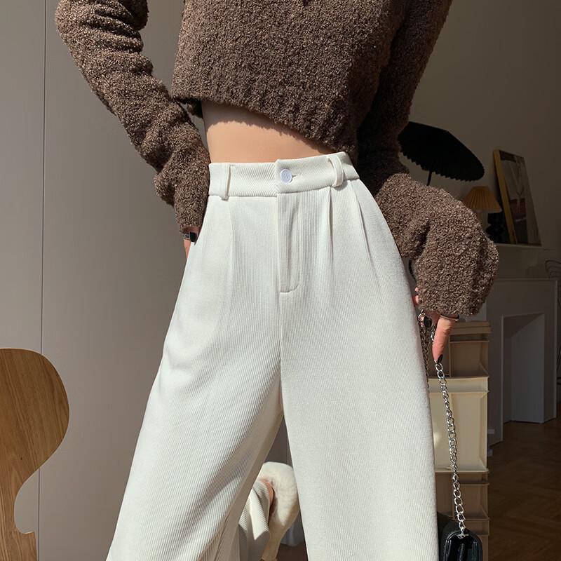 Zuose Women's High-Waisted Wide-Leg Fleece-Lined Casual Trousers
