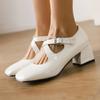 Women Mary Jane Pumps Patent Leather Lolita Shoes Med Heels Chunky Style 2025 Cross Strap Decor Comfort Square Toe Footwear