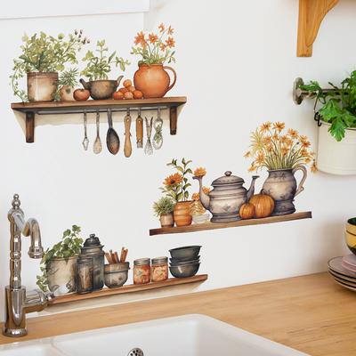 Plantas Verdes Pintadas Flores Macetas Utensilios de Cocina Cocina Embellecimiento del Hogar Pegatinas de Pared Autoadhesivas