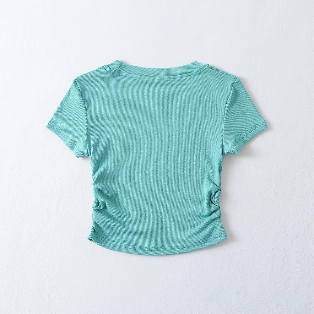 Trendy Women's Round Neck Short Sleeve Side Ruched Bodycon Crop Top