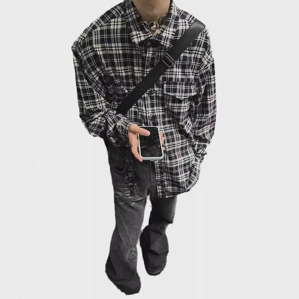 Men's Black and White Plaid Shirt - Loose, Casual, Spring/Autumn Style