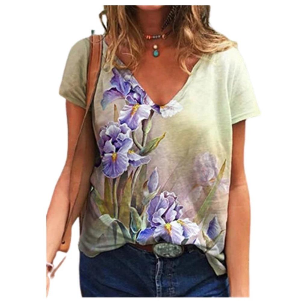 Casual Summer T-shirt 2025 New Women's 3d Floral Print T-shirt Ladies Street Wear Short-sleeved V-neck Top