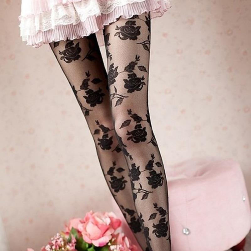 Women Sexy Rose Tattoo Tights Thin Sheer Hollow Out Pantyhose Floral Hosiery Collant Femme Medias Fantaisie