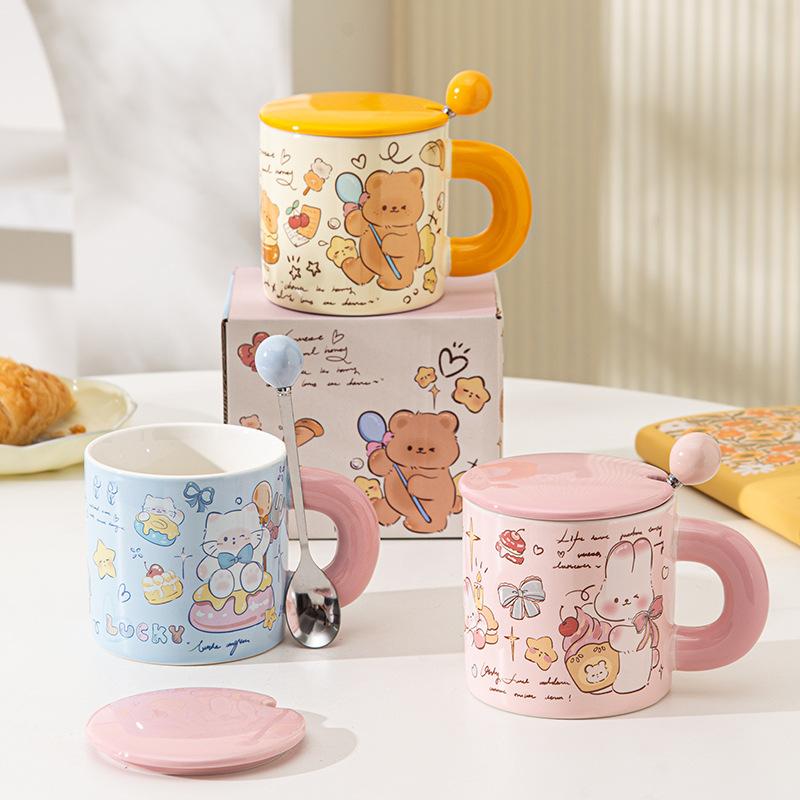 Butter Bear Ceramic Mug with Lid Office Couple Cup Birthday Gift Girl Cute Water Cup Household