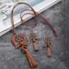 Antique Gold Dream Catcher Feather Earring Set for Women Boho Leaves Pendant Long Chain Tassel Wooden Necklaces Fashion Jewelry