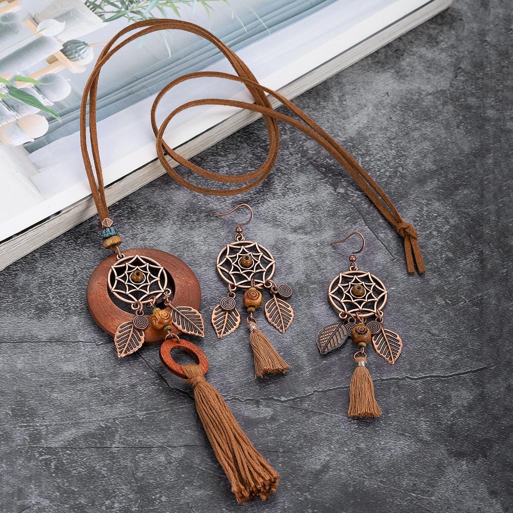 Antique Gold Dream Catcher Feather Earring Set for Women Boho Leaves Pendant Long Chain Tassel Wooden Necklaces Fashion Jewelry