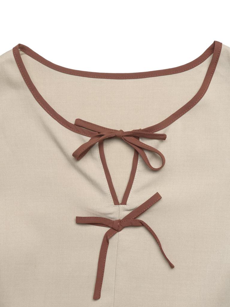 European & American Color Block Bow Tie Lace-up Pullover Short Sleeve Women's Top - Summer 2026.