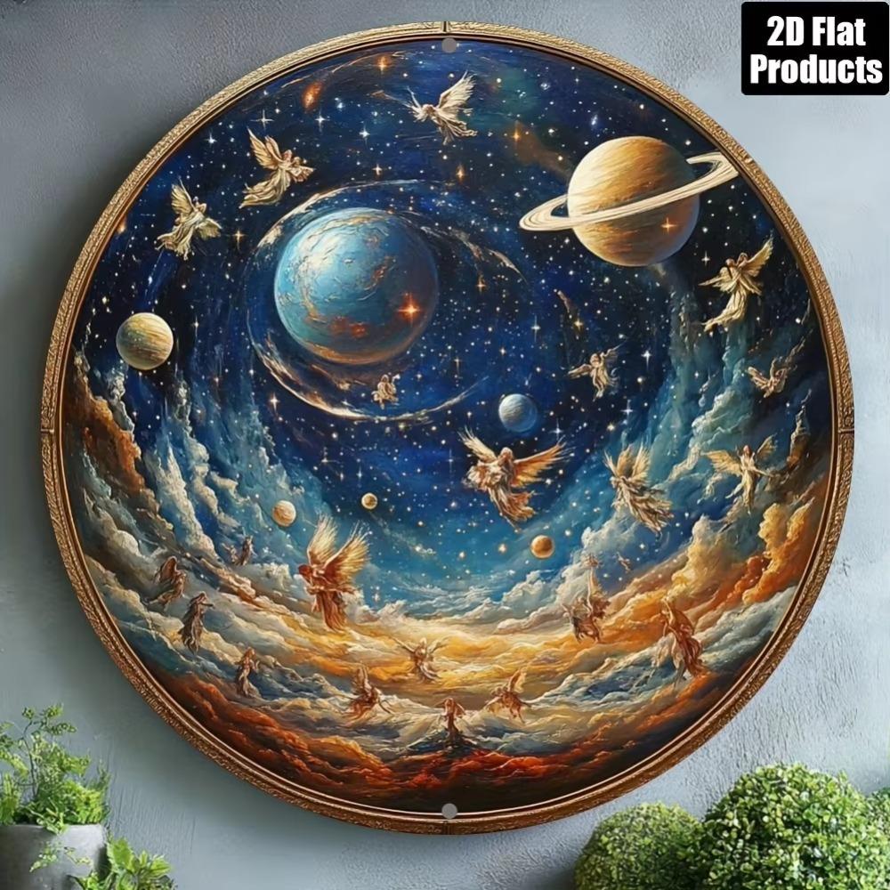 Angel Starry Night Metal Wall Art 8x8 Inch Round Aluminum Panel for Home Bar Decor