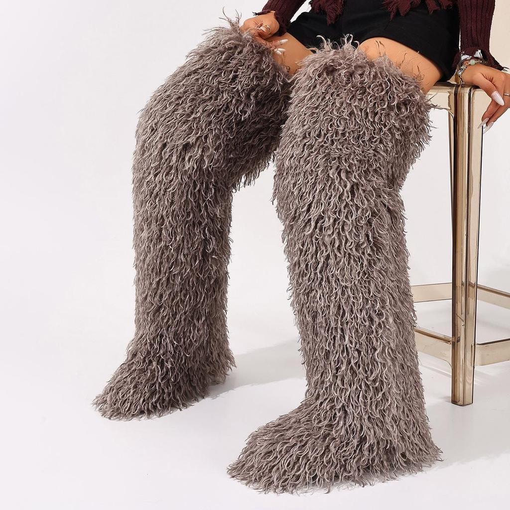 European-American 72cm Faux Tibetan Sheep Fur Thigh-High Snow Boots for Autumn & Winter