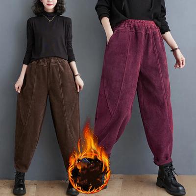 Damen Verdickte Fleecegefütterte Cord Haremhose Mittelalter Winter Einfarbiges Design Warme Hose