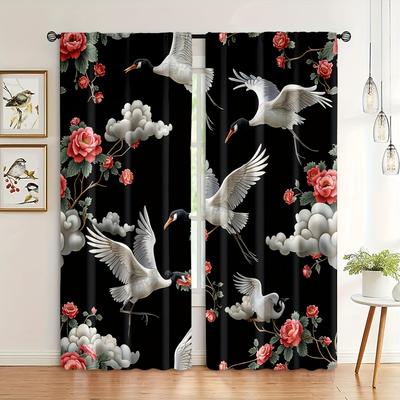 Crane Floral Pattern Curtains Polyester Fabric Suitable Bedroom Living Room Decoration Made Of Machine Washable Great Window Treatment