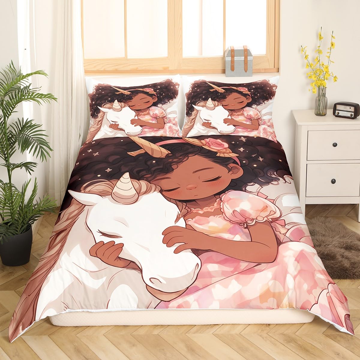 

Fantasy Black Girl Duvet Cover Sets for Kids Girls Women Teens Lightweight Quilt Covers African American Black Girl Bedding Sets US Full(200x230cm)