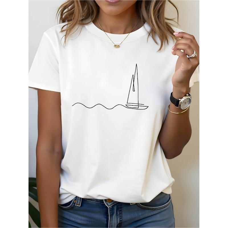 

Plus Size, A Women s Short Sleeve T Shirt with a Round Neck Featuring a Minimalist Art Design of Sailing S белый