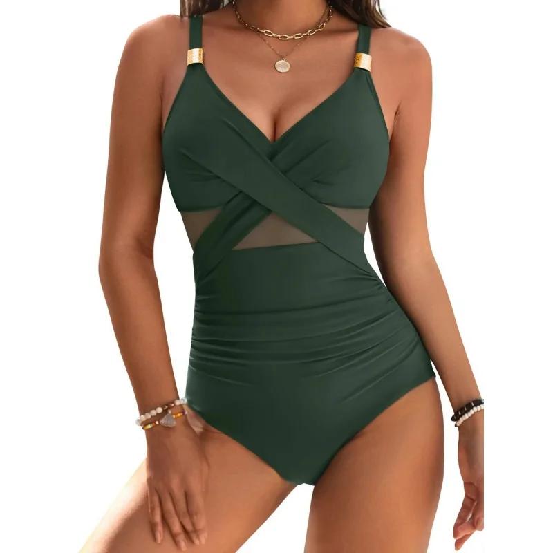 Fashion Sexy Skinny Swimwear Women Pleated Mesh Cross V Neck Suspender One Piece Swimsuit 2025 New Solid Bathing Suit Beachwear