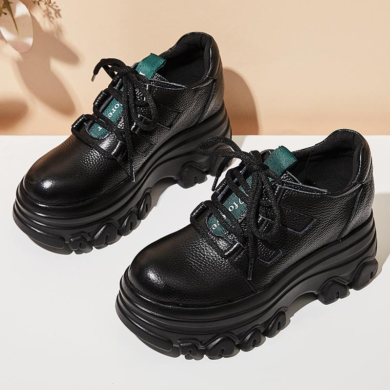 Fashion GKTINOO New Spring Women Loafers Genuine Cow Leather Lace-up Platform Casual Shoes Women Wedges Heel Retro Style Handmade Shoes