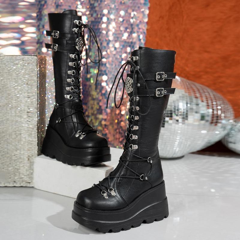 Fashion Ultra-high Platform Single Boots Women's Autumn and Winter New Round Toe Lace-up Metal Buckle Platform High Boots