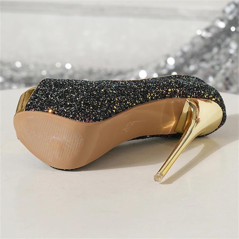 Eiyken Sexy  Street Style Extreme Thin High Heels Design Sequin Cloth Women Pumps Banquet Prom Shoes Platform Peep Toe Sandals