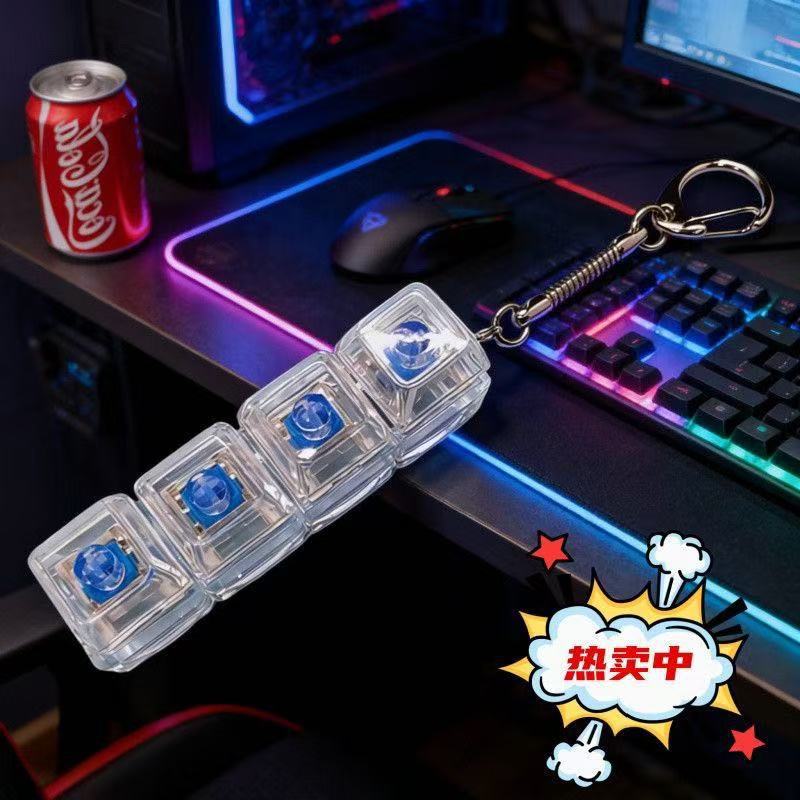 Transparent Four-Button Decompression Keychain, Luminous Square Pendant, Popular Creative Toy Keychain.
