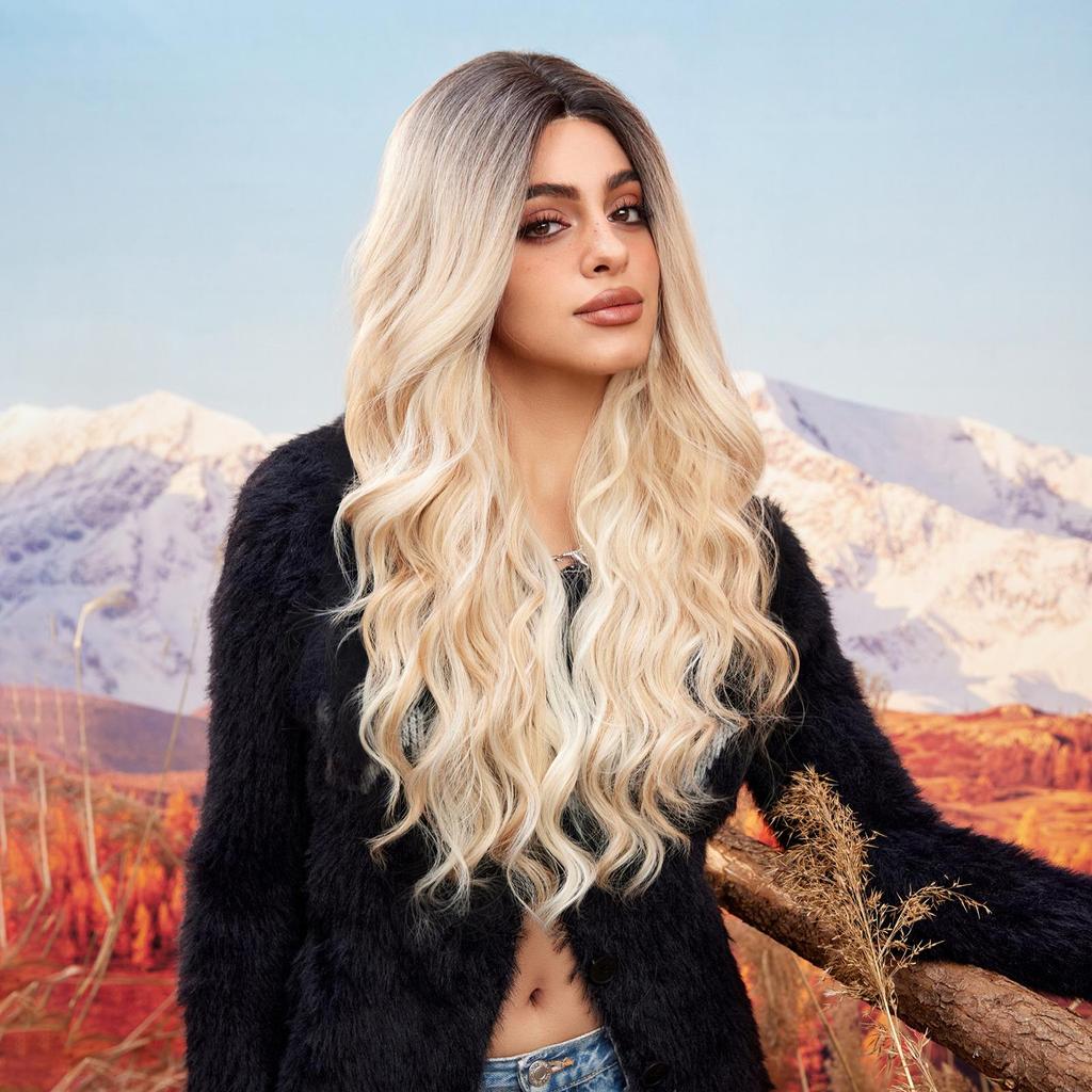 ALAN EATON Hairline Lace Wigs Ombre Brown Blonde Synthetic Long Wavy Wigs Dark Root  for Women Cosplay High Density Hair Wig