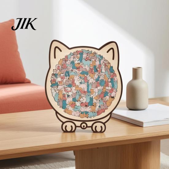 Home Office Shelf Ornaments Colored Cat Shaped Wooden Jigsaw Puzzle, Creative Desktop Ornament, Unique Animal Shape Educational Puzzles for Kids Wood