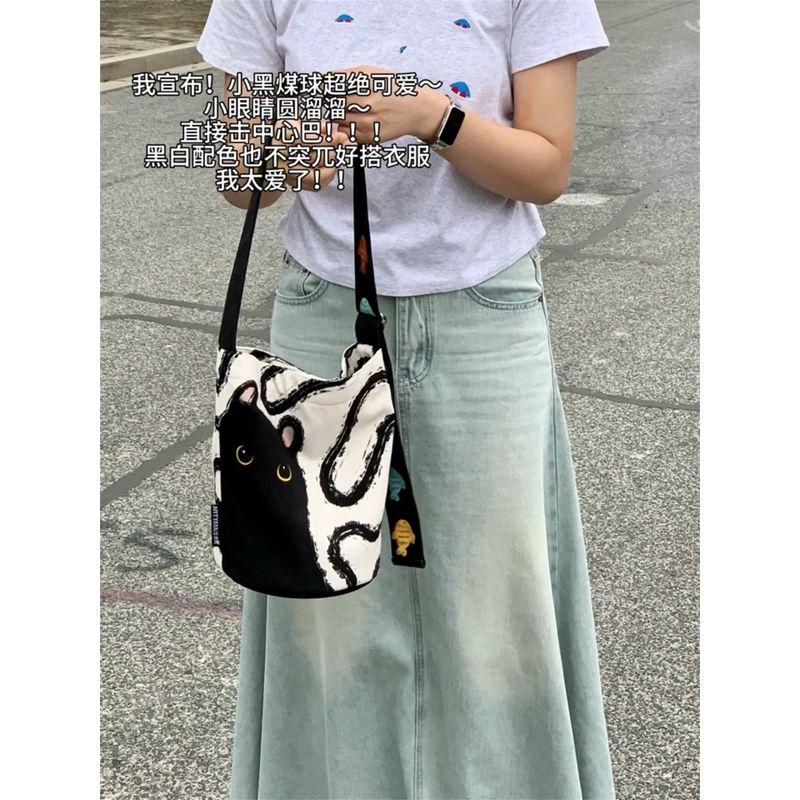 

Cute Cartoon Black Cat Underarm Bag Women s Korean-Style Casual Canvas Bag Loose Shoulder Messenger Bag Handbag Picture Color