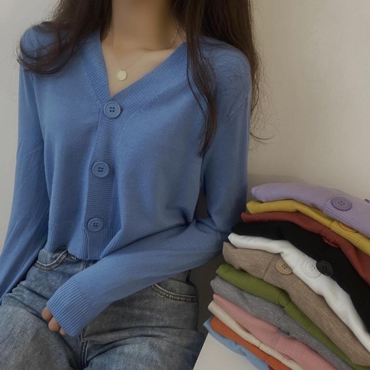 Women's Solid Color V-Neck Knitted Cardigan Long Sleeve Pullover Sweater Single Breasted Button Spring Fall Outerwear Tops Small Fresh One Size