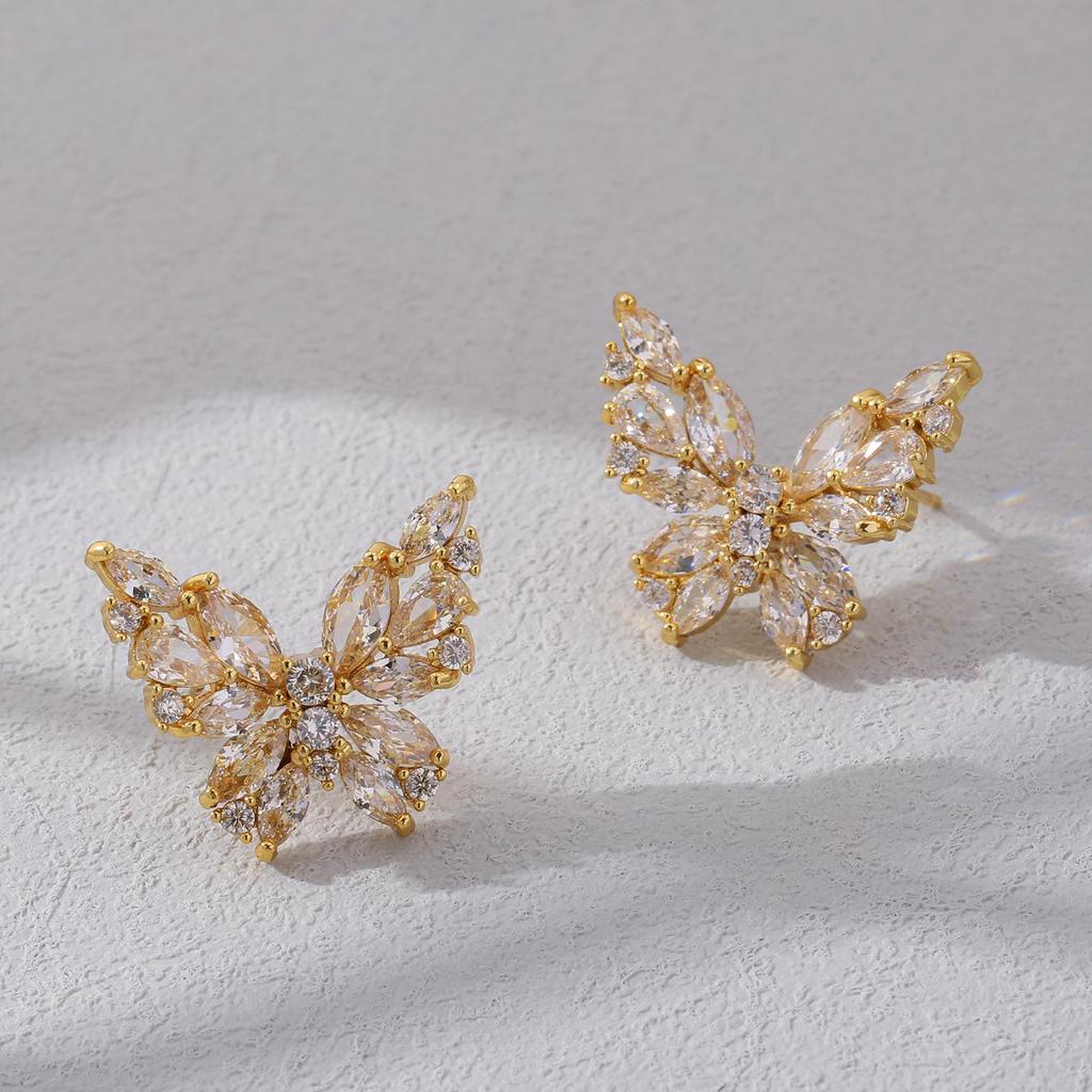 Gold-Plated Butterfly Cubic Zirconia Stud Earrings for Women