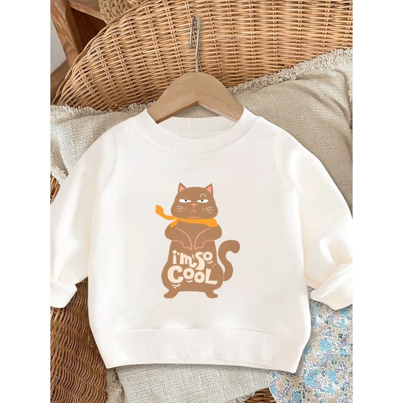 Cute Printed Cat Pattern Girls' Spring Lightweight Crew Neck Sweatshirt, Comfortable Outdoor Wear Choice for 0-3 Year Old Girls