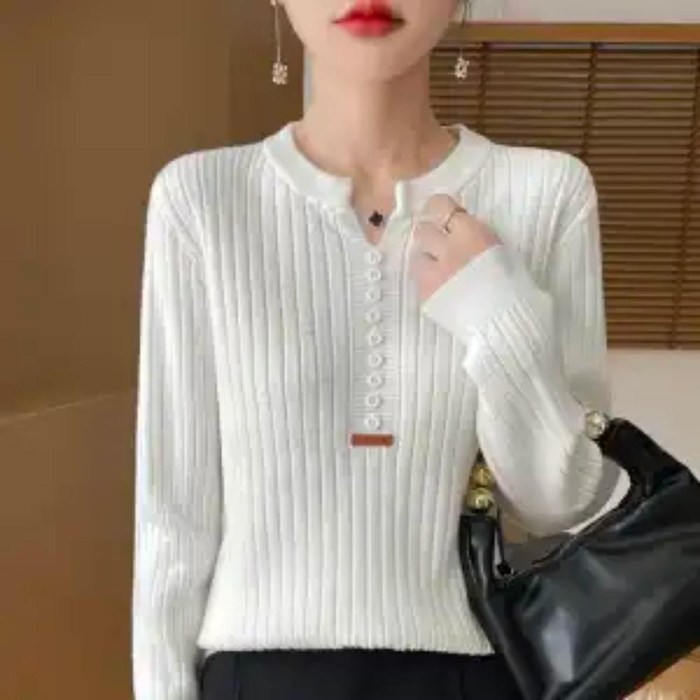 Autumn Winter Women Sweaters Pullovers V-Neck Solid Button Korean Fashion Casual Long Sleeve Thicken Bottoming Shirt Knit Tops