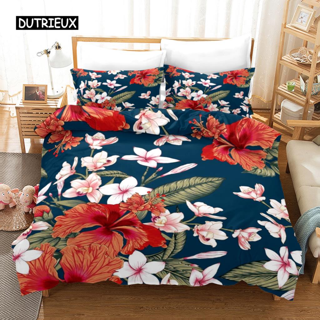 Bettbezug-Set mit Blumenmuster, tropisches Bettwäsche-Set mit Blumenmuster, tropische Blumen und Blätter für Kinder und Teenager, Polyester, Doppelbett, Queensize-Bett, Kingsize-Bettbezug