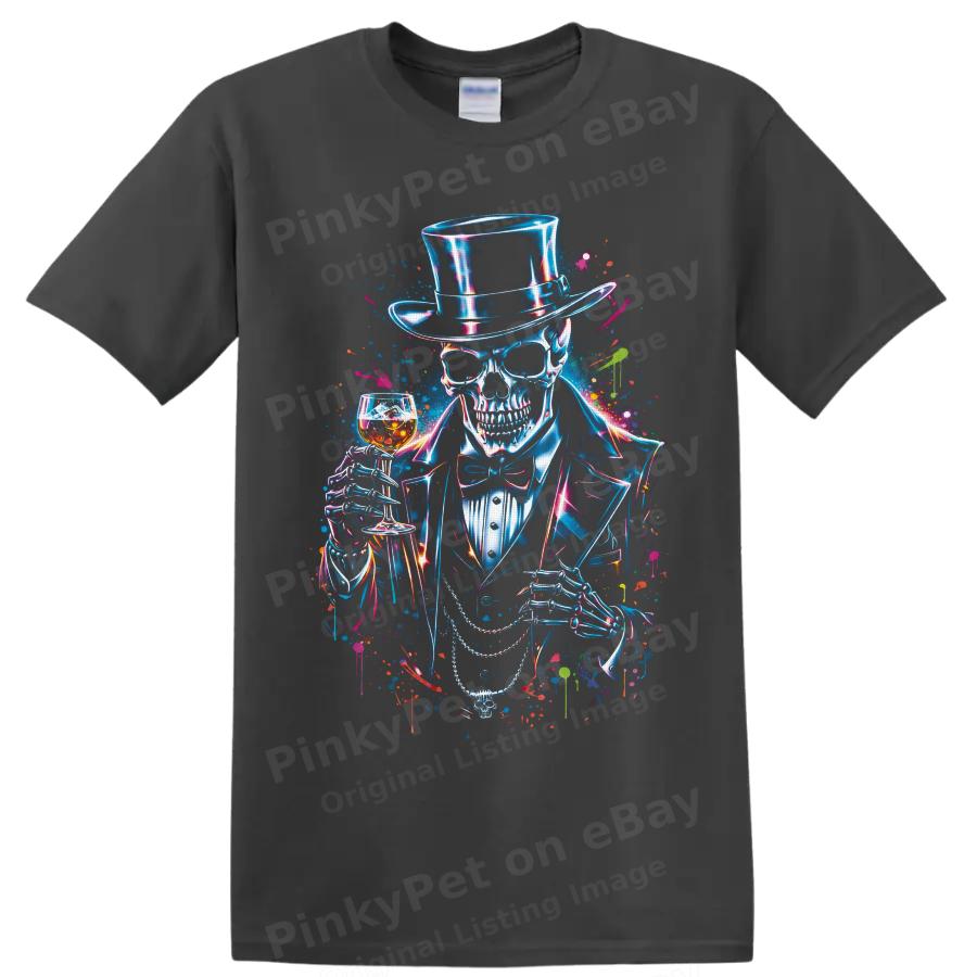 Skeleton Gentleman T Shirt W Top Hat Whiskey Glass Neon Gothic Art Style Tee