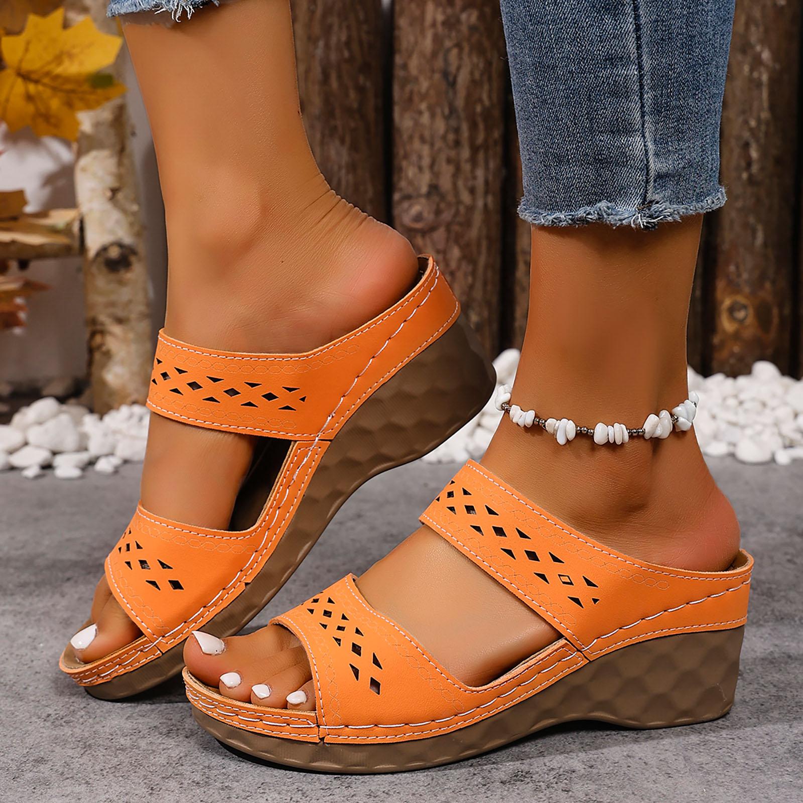 

Women S Summer Slippers Breathable Openwork Wedge Sandals Solid Comfortable Casual Sandal Leather Slide Shoes For Lady Sandalias 36