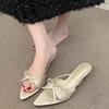 2025 Summer New Large Size Rhinestone Mesh Pointed Fish Mouth High Heels Thin Heel Sexy One Word Cool Slippers Half Drag