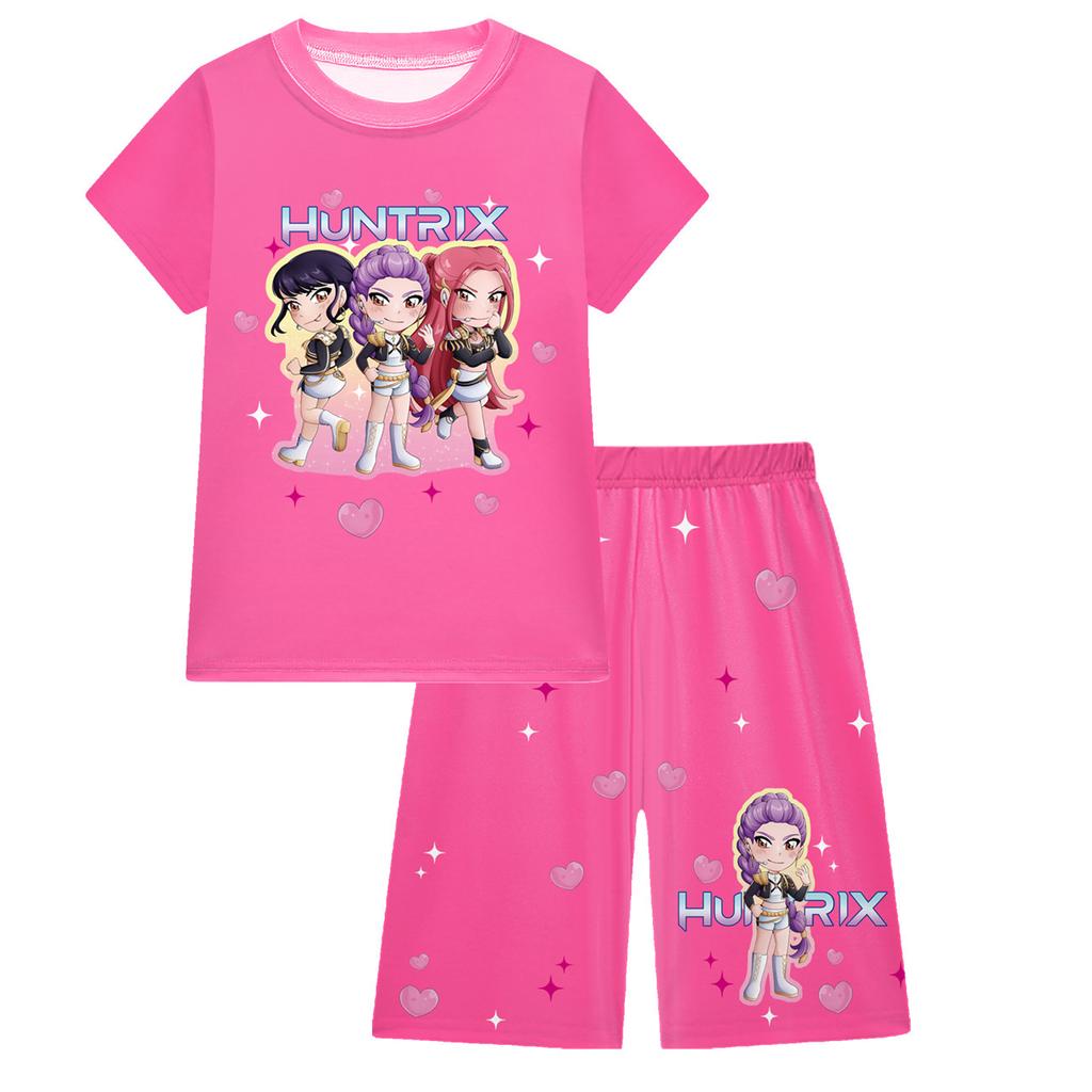 KPOP Mädchen T-Shirt und Hosen Set, Demon Slayer Cartoon, Zweiteiliges Kurzarm- und Shorts-Set für große Kinder